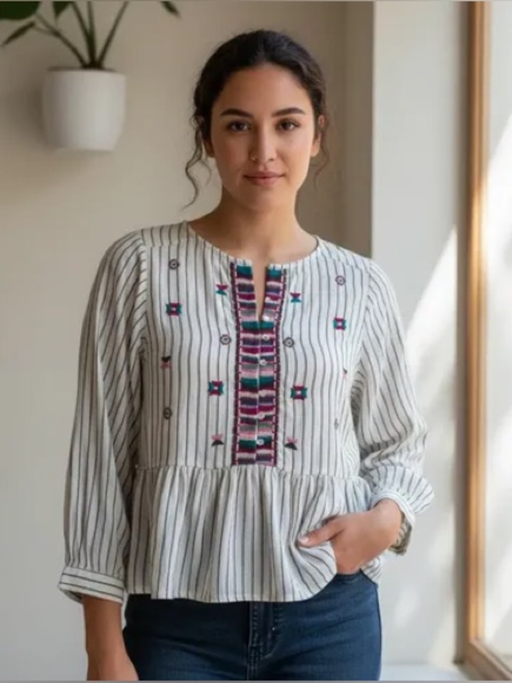 Zara White Striped Embroidered Peplum Blouse with Multicolor Accents